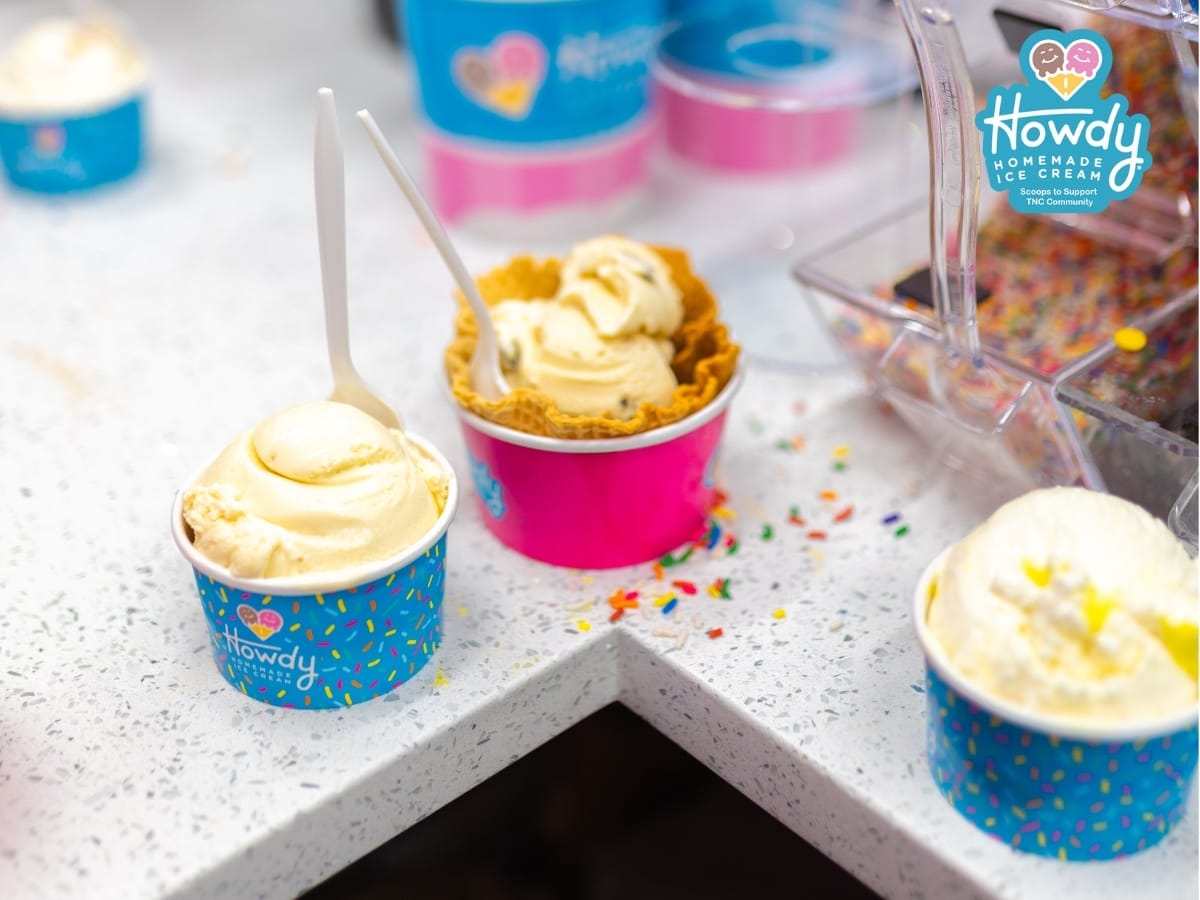Howdy Homemade Ice Cream single scoops and a single scoop waffle bowl